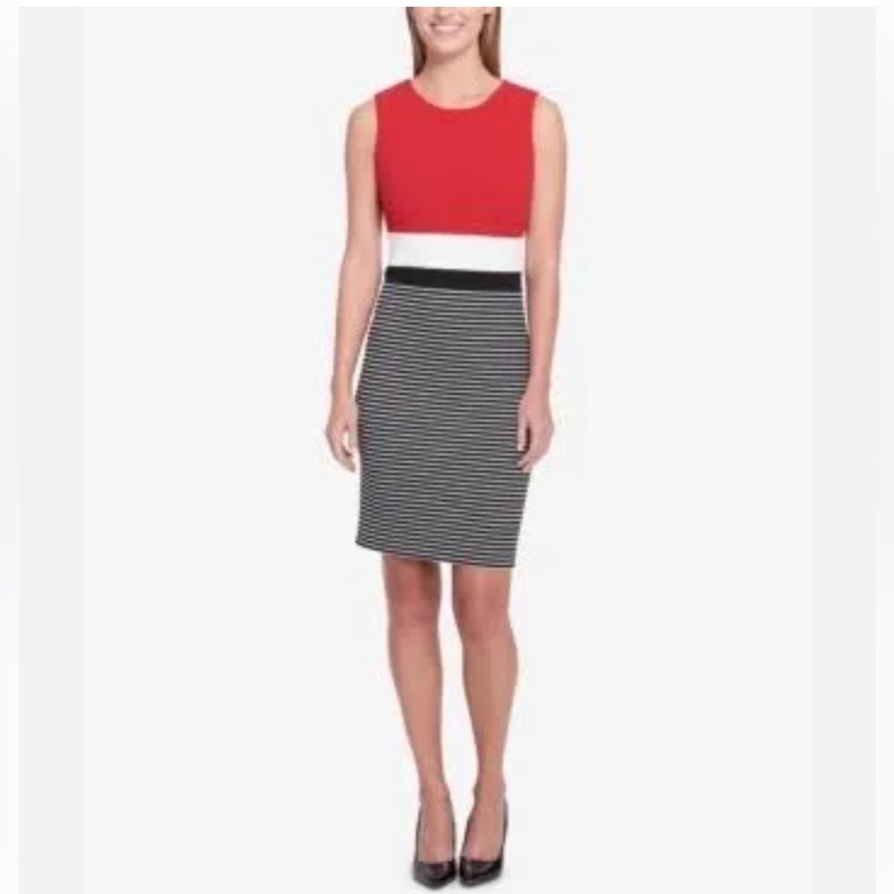 Tommy Hilfiger Woman’s Colorblocked Sheath Red Black Striped Sleeveless Size 4